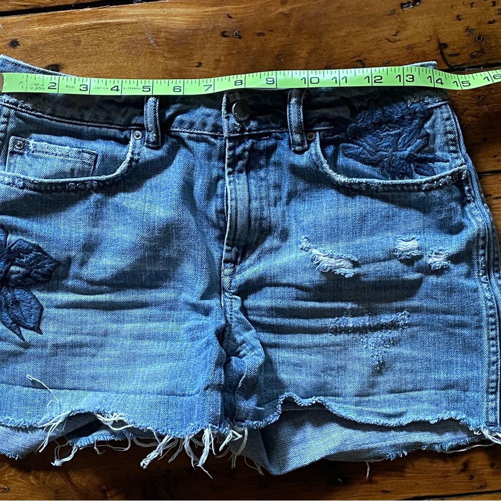 All Saints Jean Shorts Women's 27 Blue Denim Cotton Floral Distressed Cut Off